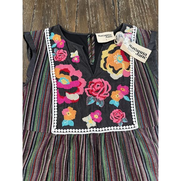 Savanna Jane Embroidered Boho Dress Black Multi Stripe Floral Size Small NWT - Picture 4 of 12